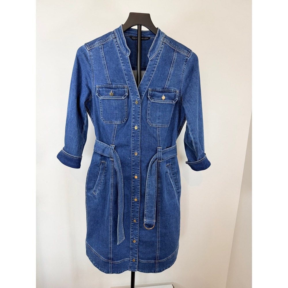 White House Black Market Denim Shirt Dress Blue Belted Knee Length Size 6